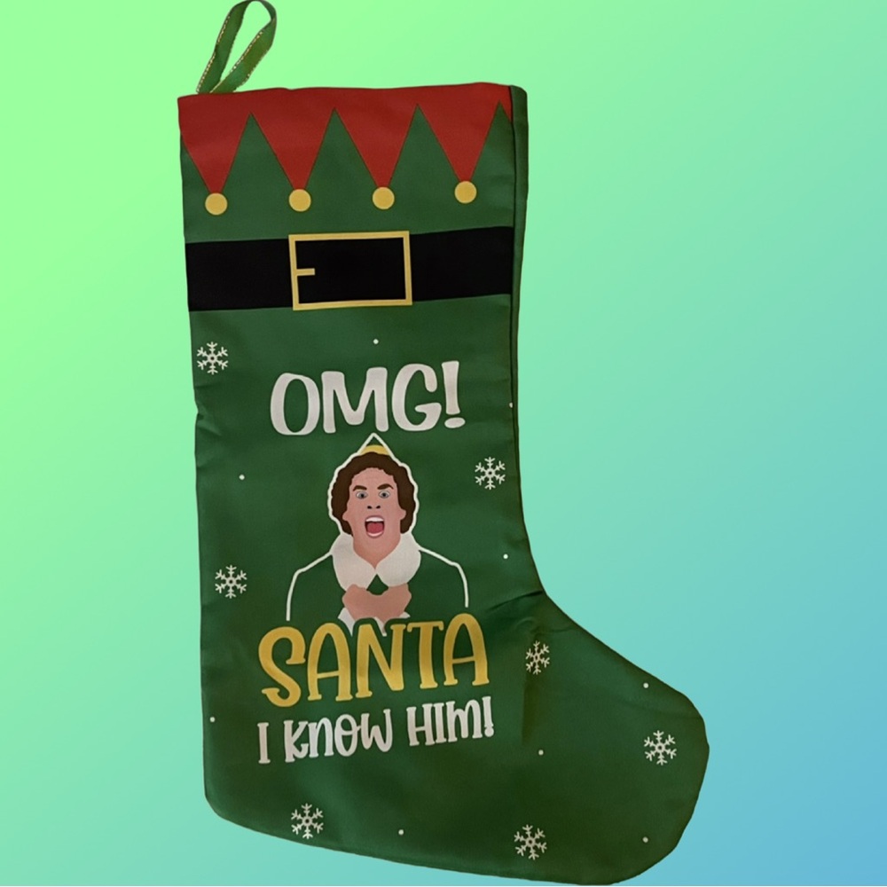 ELF Christmas Stocking ‘OMG Santa I Know Him!’ 16” x 10.5” Buddy the Elf